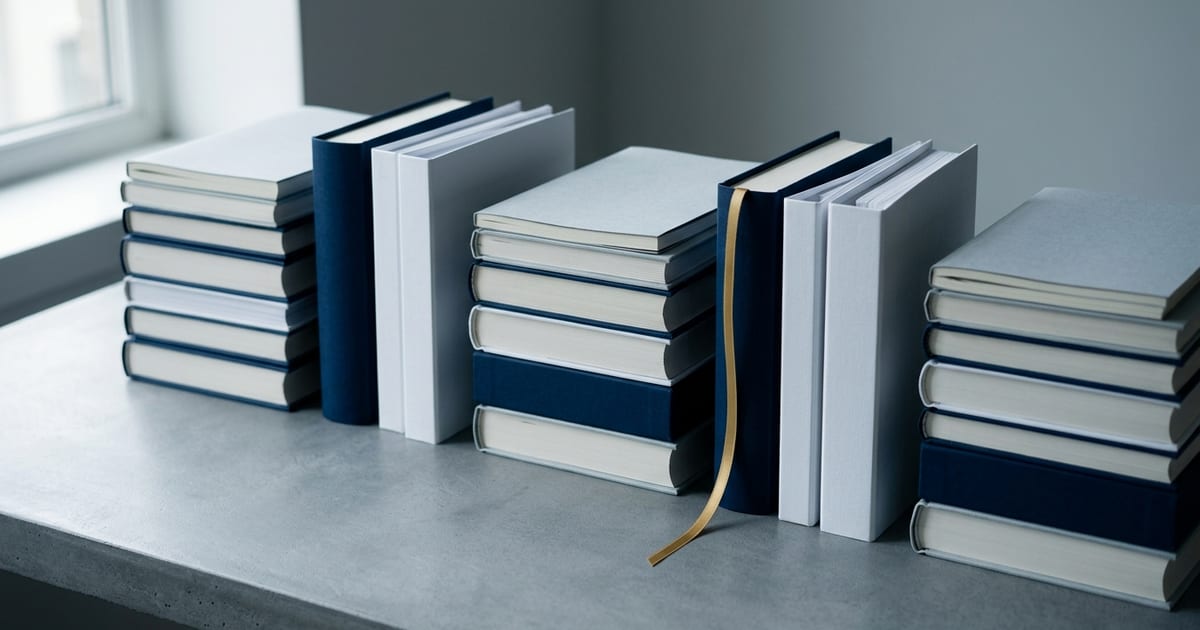 Pile di libri e raccoglitori allineate su un ripiano, con un segnalibro dorato fra due volumi.