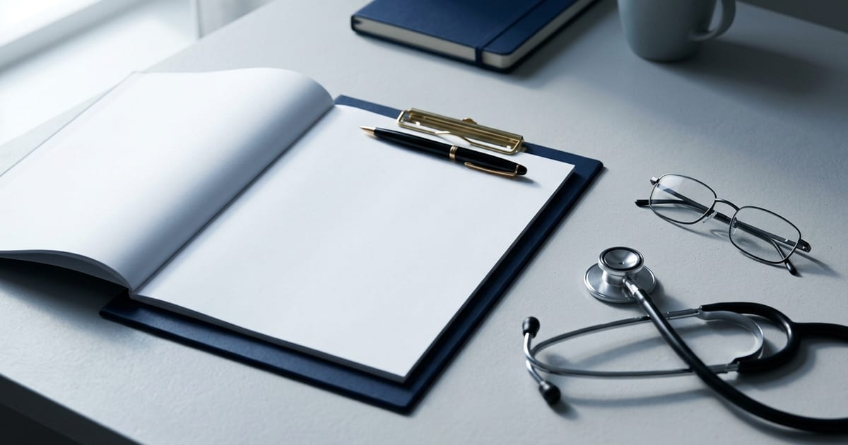 Una cartella clinica aperta con pagine bianche su una scrivania, accanto a uno stetoscopio e a un paio di occhiali.