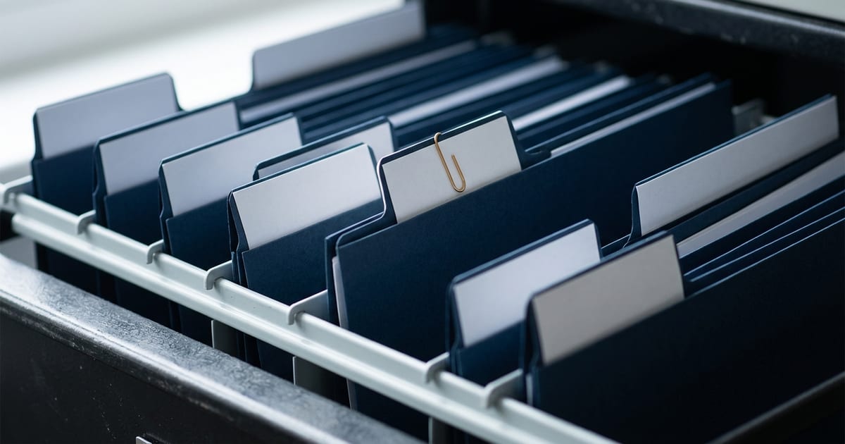 Cartelle d'archivio blu in un cassetto schedario, con una cartella tirata in avanti rispetto alle altre.