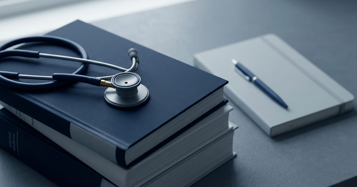 Uno stetoscopio appoggiato su una pila di libri di medicina, accanto a un quaderno chiuso e una penna.