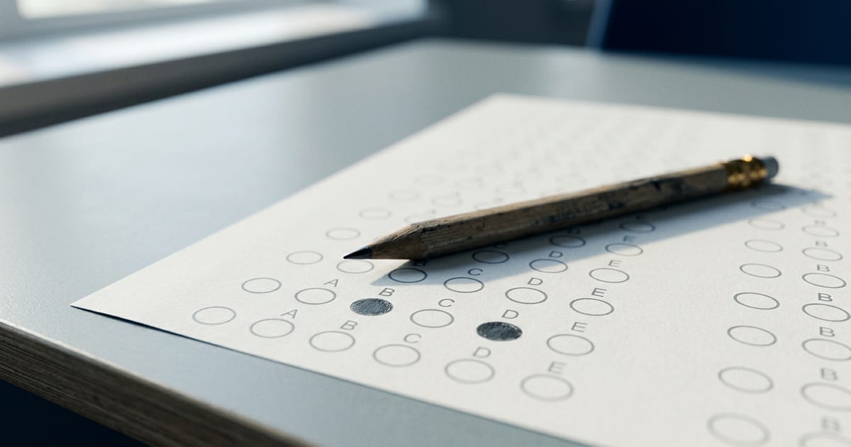 Un foglio risposte a scelta multipla con due caselle annerite a matita, su una scrivania accanto a una matita.