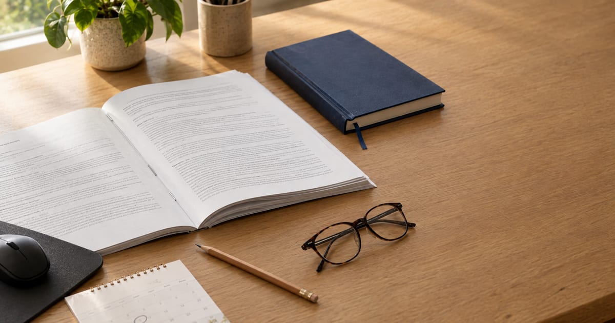 Un fascicolo stampato aperto su una scrivania di legno chiaro, accanto a un'agenda blu navy chiusa con il segnalibro, un paio di occhiali tartarugati, una matita, un mouse nero su un tappetino e un piccolo calendario a spirale con un giorno cerchiato; sullo sfondo una pianta e un portapenne alla luce della finestra.