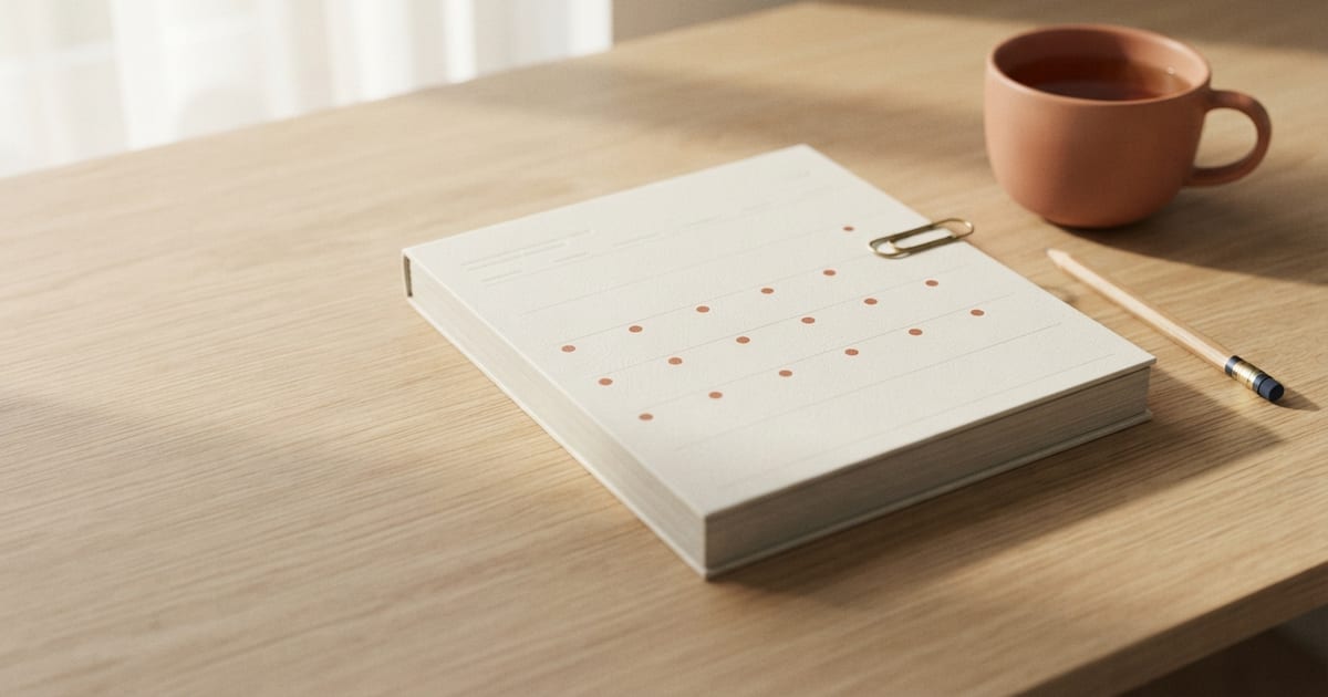 Un planner mensile chiuso su una scrivania di legno chiaro, con la griglia dei giorni segnata da pallini color terracotta sparsi a distanze diverse; accanto una tazza di terracotta con del tè, una matita e una graffetta dorata.