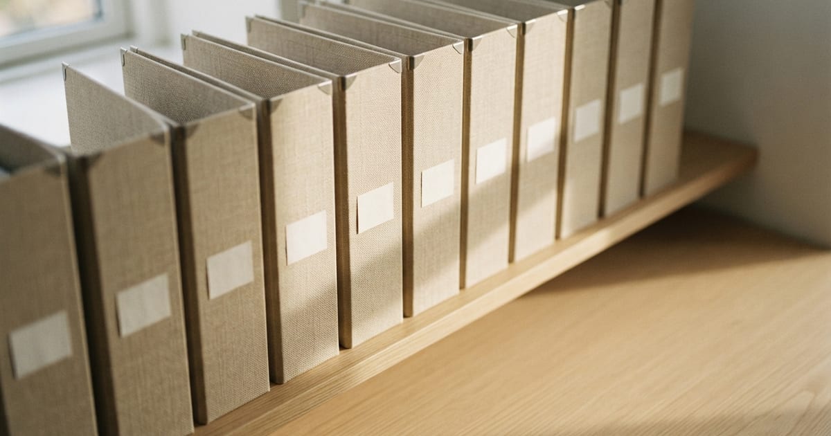 Dieci raccoglitori d'archivio in tela beige, identici fra loro e dello stesso spessore, allineati in fila su una mensola di legno chiaro davanti a una finestra; ognuno porta un'etichetta di carta bianca.