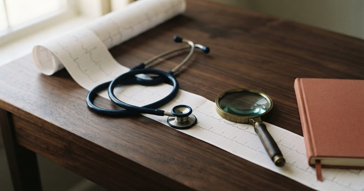 Una striscia di tracciato elettrocardiografico che si srotola su un tavolo di legno scuro, con uno stetoscopio blu navy appoggiato sopra e una lente d'ingrandimento sulla parte finale del tracciato; a destra un libro rilegato in tela color terracotta.