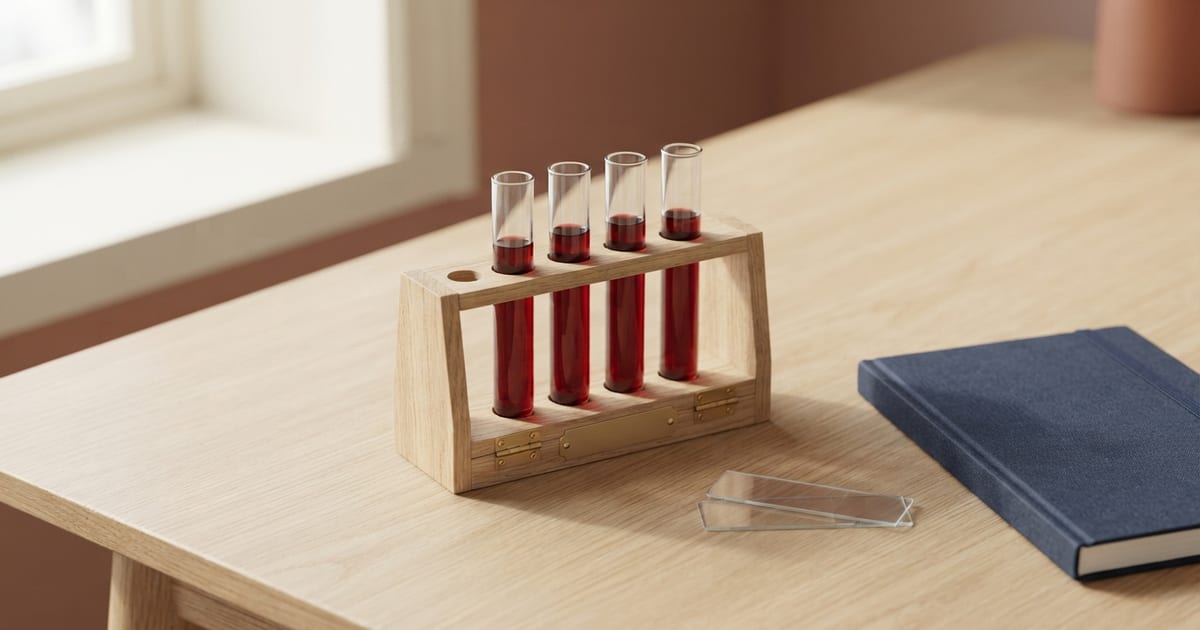 Un portaprovette di legno con quattro provette piene di un liquido rosso scuro, su un tavolo di legno chiaro, accanto a due vetrini da microscopio e a un quaderno blu navy chiuso.