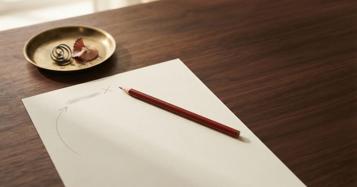Un foglio bianco su una scrivania di legno scuro con una riga cancellata, una piccola croce rossa e una freccia a matita che risale verso la correzione; sopra il foglio una matita rossa, e più indietro un piattino di ottone con trucioli di temperamatite.