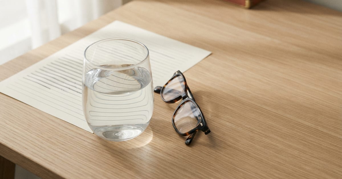 Un bicchiere d'acqua posato sul bordo di un foglio scritto a righe: attraverso il vetro le righe appaiono deformate e interrotte, mentre fuori dal bicchiere restano dritte; accanto, un paio di occhiali tartarugati chiusi, su una scrivania di legno chiaro.
