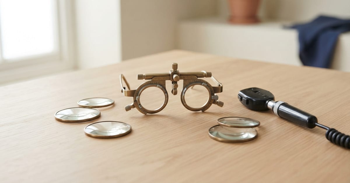 Un occhiale di prova d'ottone da oculista su un tavolo di legno chiaro, circondato da lenti di prova rotonde con il bordo dorato, e a destra un oftalmoscopio nero.
