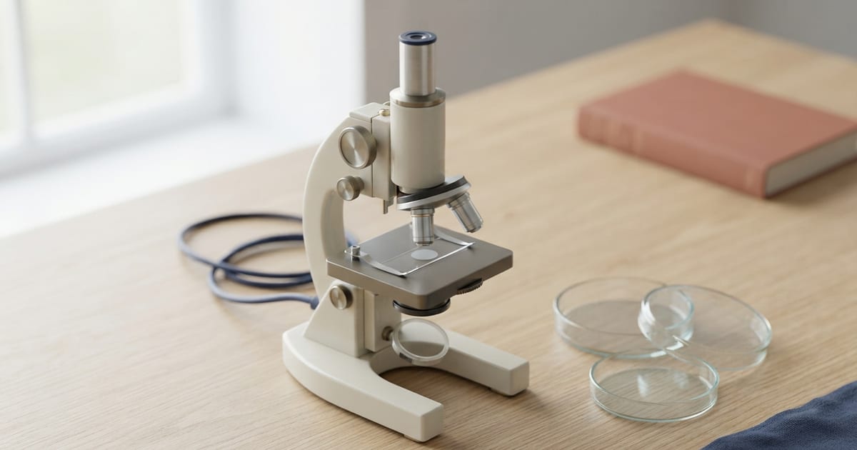 Un microscopio da laboratorio color crema con un vetrino sul piatto, su un tavolo di legno chiaro, accanto a tre capsule di Petri vuote; sullo sfondo un libro rilegato color terracotta.