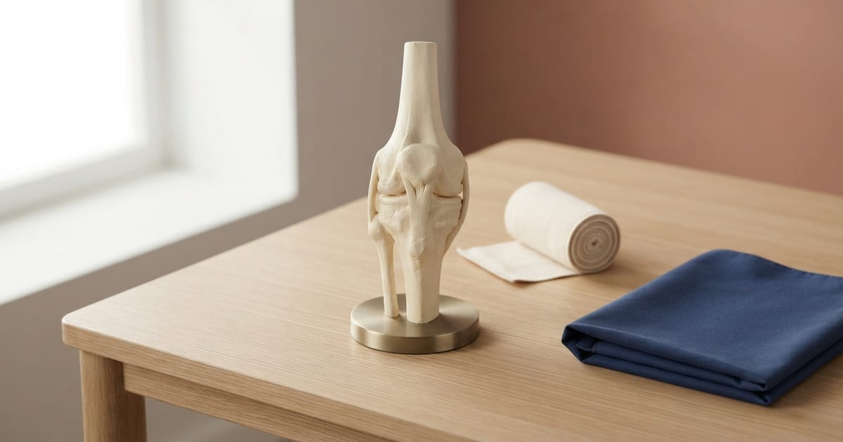 Un modello dell'articolazione del ginocchio in gesso chiaro su una base d'ottone, sopra un tavolo di rovere chiaro, accanto a una benda elastica color crema arrotolata e a un panno blu navy piegato; sullo sfondo una parete color terracotta.
