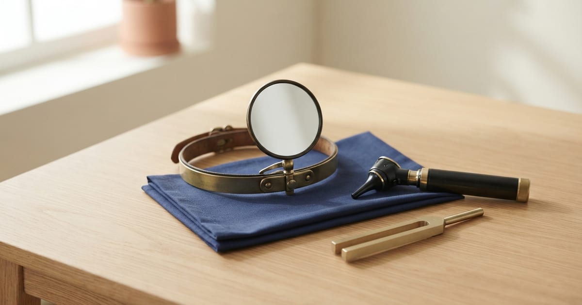 Uno specchio frontale da otorino con la fascia di cuoio e ottone, appoggiato su un panno blu navy sopra un tavolo di legno chiaro, accanto a un otoscopio nero e a un diapason dorato.