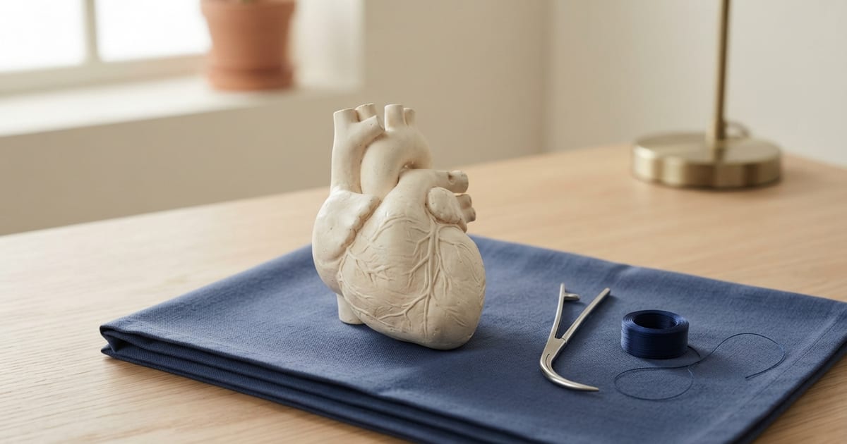 Un modello del cuore in gesso chiaro, con l'aorta e i grandi vasi in rilievo, su un telo blu navy piegato, accanto a un porta-aghi d'acciaio e a una bobina di filo da sutura blu navy; sullo sfondo la base d'ottone di una lampada.