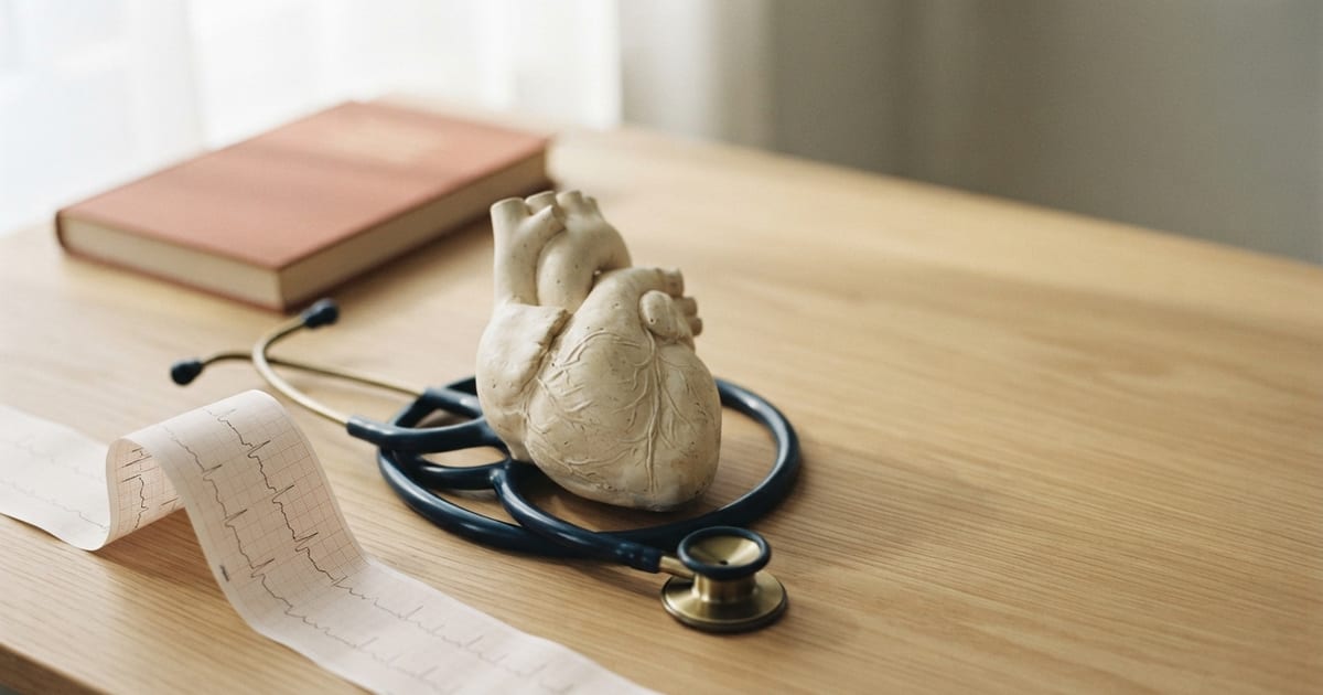 Un modello anatomico di cuore in gesso chiaro al centro di una scrivania di legno chiaro, con uno stetoscopio blu navy che gli gira attorno e una striscia di tracciato elettrocardiografico che scende dal bordo del tavolo; sullo sfondo, sfocato, un libro rilegato in tela color terracotta.