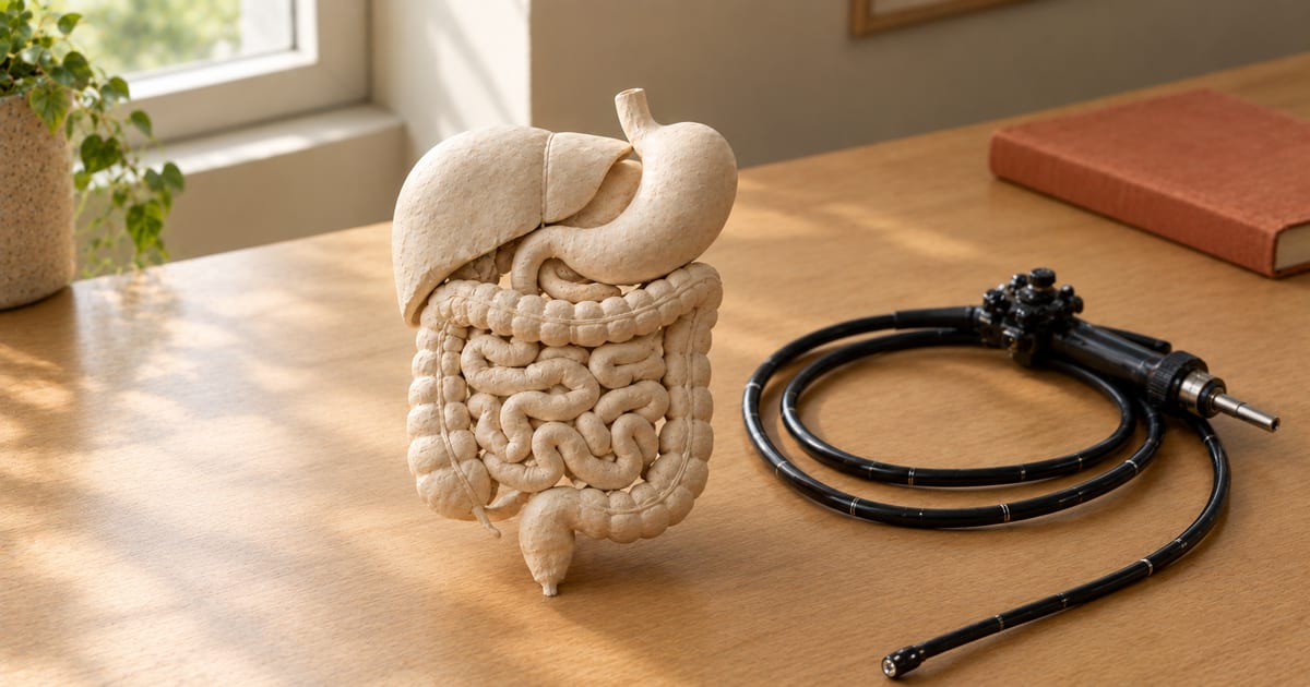 Un modello dell'apparato digerente in gesso chiaro, con fegato, stomaco e intestino, su una scrivania di legno chiaro; a destra un endoscopio nero arrotolato e, sullo sfondo, un libro rilegato color terracotta.