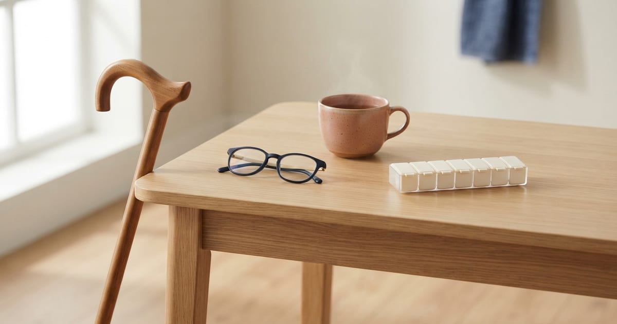 Un bastone da passeggio di legno appoggiato a un tavolo di rovere chiaro, su cui ci sono un paio di occhiali da lettura, una tazza di tè color terracotta e un portapillole settimanale bianco.