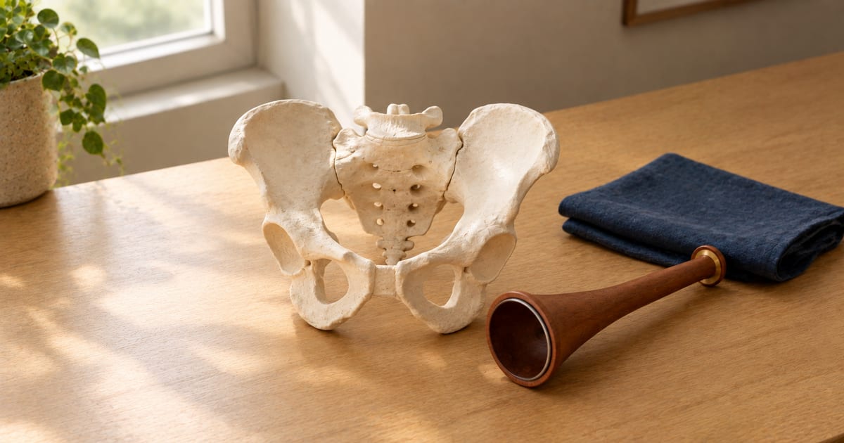 Un modello anatomico del bacino in gesso chiaro su una scrivania di legno chiaro, accanto a uno stetoscopio ostetrico di Pinard in legno scuro e a un panno blu navy piegato; a sinistra una pianta vicino alla finestra.