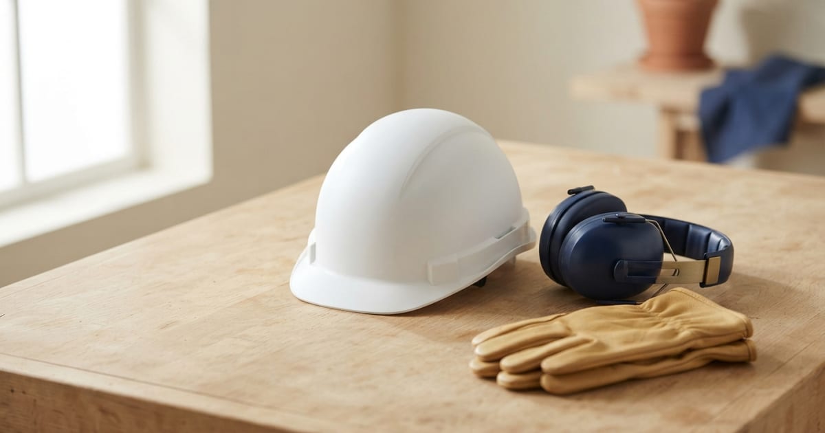 Un elmetto da cantiere bianco, un paio di cuffie antirumore blu navy e un paio di guanti da lavoro in pelle, appoggiati su un banco di legno chiaro vicino alla finestra.