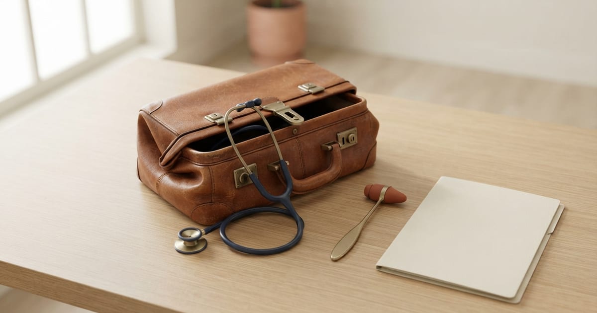 Una vecchia borsa da medico in cuoio color cognac, aperta su un tavolo di legno chiaro, con uno stetoscopio blu navy che ne esce, accanto a un martelletto per i riflessi e a una cartellina color crema chiusa.