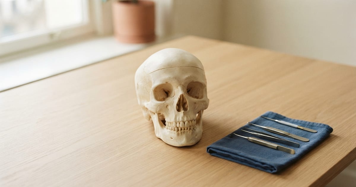 Un modello didattico del cranio in gesso chiaro su un tavolo di legno chiaro, accanto a una fila di strumenti chirurgici sottili disposti su un panno blu navy piegato.