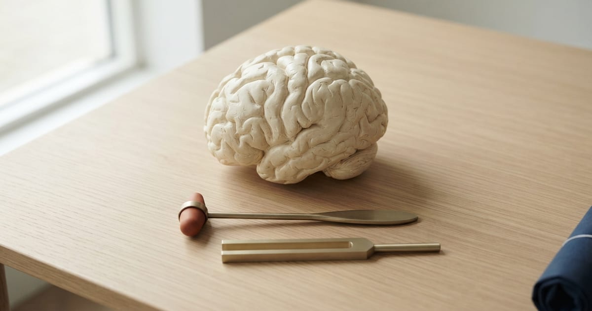 Un modello del cervello in gesso chiaro su un tavolo di legno chiaro, con davanti un martelletto per i riflessi dalla testa color terracotta e un diapason dorato.