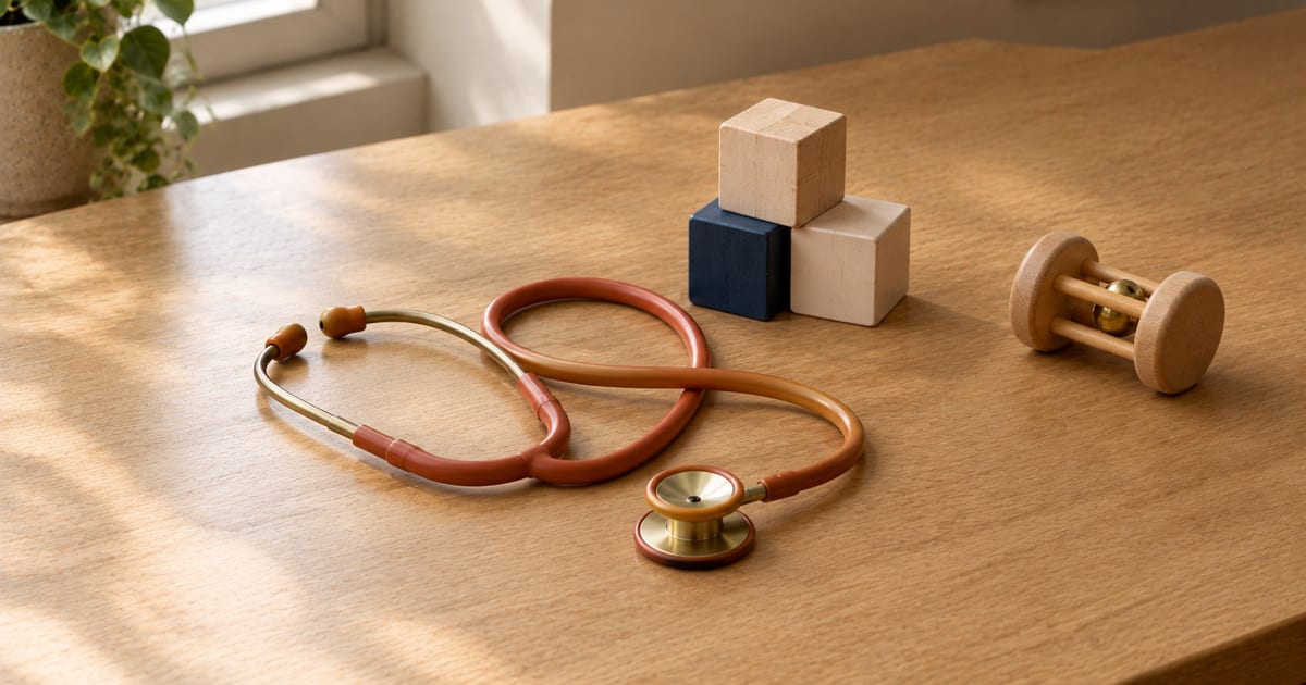 Uno stetoscopio pediatrico color terracotta con le parti in ottone, disteso su una scrivania di rovere chiaro illuminata dal sole; dietro, tre cubi di legno, uno blu navy, e a destra un sonaglio di legno con una pallina dorata.