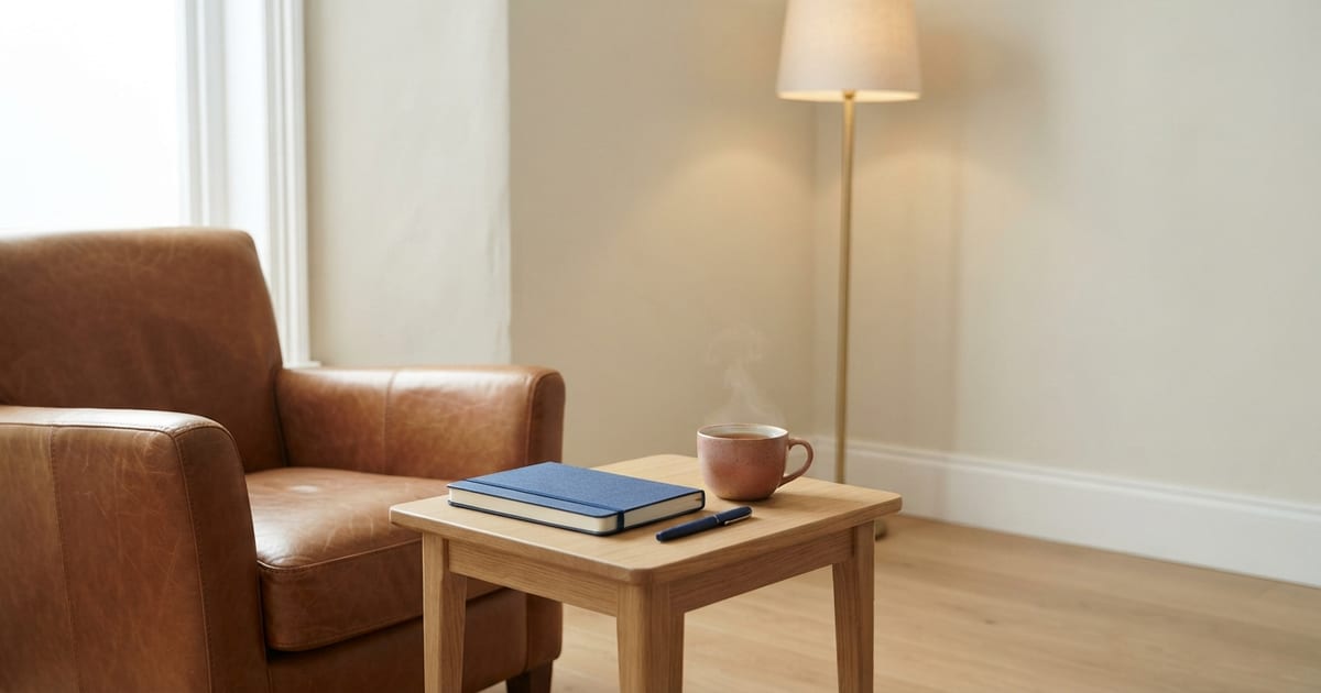 L'angolo di uno studio silenzioso: una poltrona di cuoio color cognac vuota accanto a un tavolino di legno chiaro con un quaderno blu navy chiuso, una penna e una tazza di tè fumante, e dietro una lampada da terra accesa.