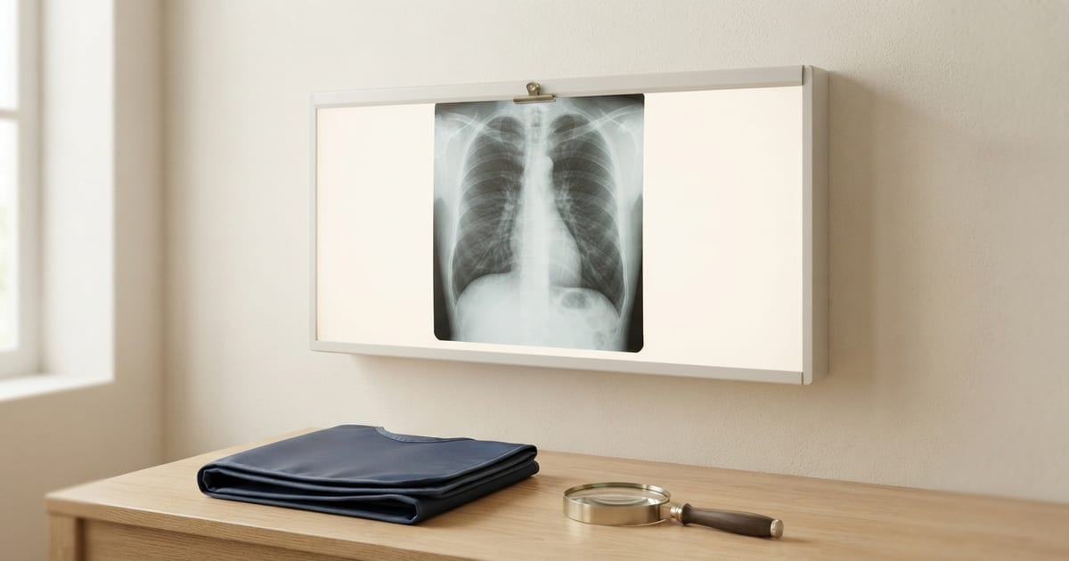 Un diafanoscopio acceso su una parete chiara, con una radiografia del torace fissata da una clip; sotto, su un tavolo di legno chiaro, un camice piombato blu navy piegato e una lente d'ingrandimento con il manico di legno.