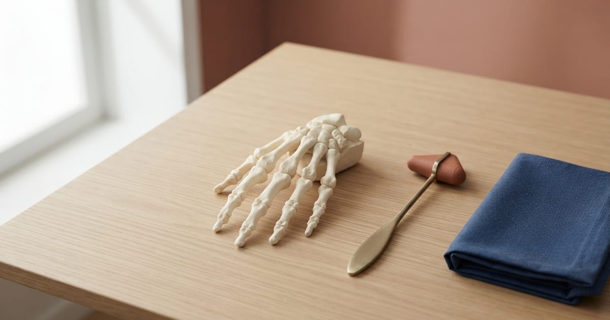 Un modello dello scheletro della mano in gesso chiaro su un tavolo di legno chiaro, accanto a un martelletto per i riflessi dalla testa color terracotta e a un panno blu navy piegato.