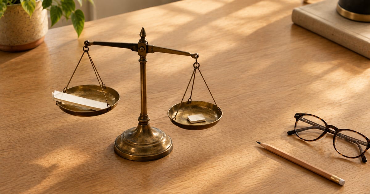 Una piccola bilancia a due piatti in ottone su una scrivania di legno chiaro: sul piatto di sinistra una striscia di carta lunga, su quello di destra un foglietto piccolo e piegato; accanto una matita e un paio di occhiali tartarugati.