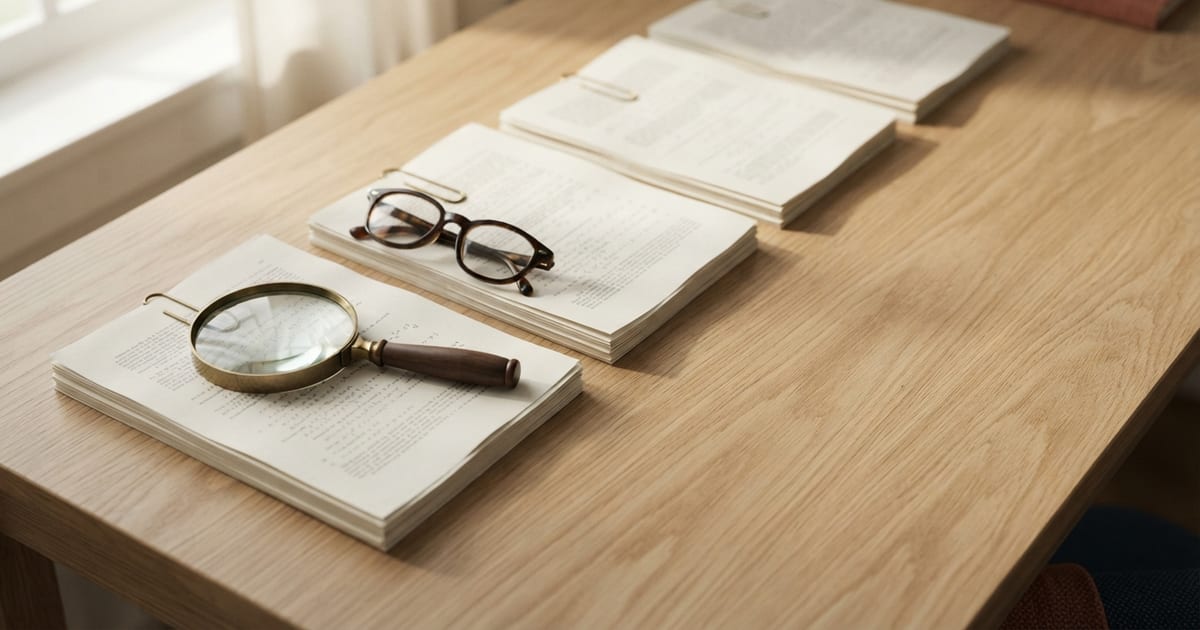 Quattro pile di articoli stampati disposte in diagonale su un tavolo di legno chiaro, ognuna fermata da una graffetta; sulla prima una lente d'ingrandimento dal manico di legno, sulla seconda un paio di occhiali tartarugati.