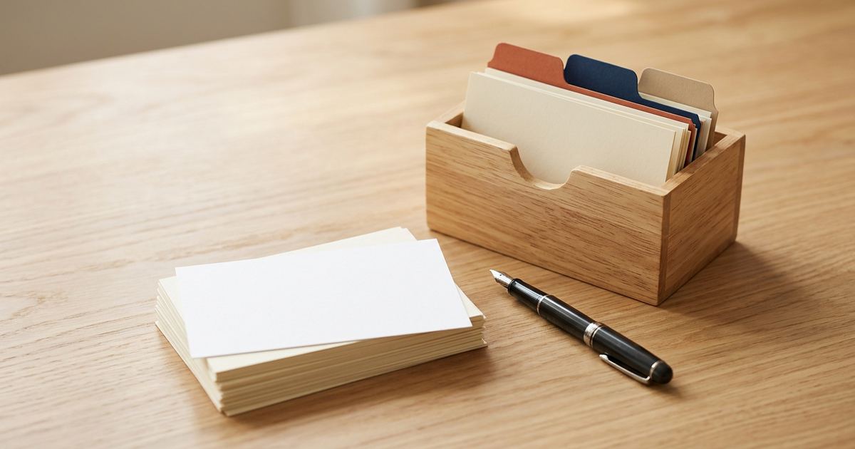 Una pila di schede di cartoncino avorio con quella in cima ancora bianca, una penna stilografica e un piccolo schedario di legno con linguette colorate, su una scrivania di legno chiaro.