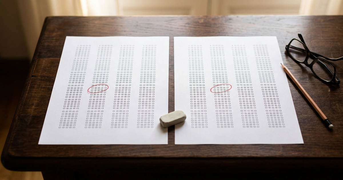 Due fogli risposte a scelta multipla affiancati su una scrivania di legno scuro, con la stessa casella cerchiata in rosso su entrambi, una gomma fra i due, una matita e un paio di occhiali.