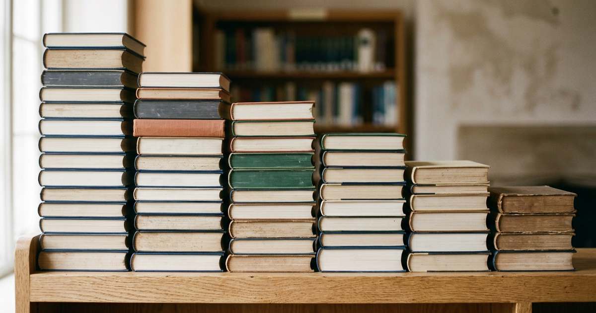 Sette pile di libri di altezze molto diverse, in fila dalla più alta alla più bassa, su un ripiano di legno chiaro davanti a una libreria.
