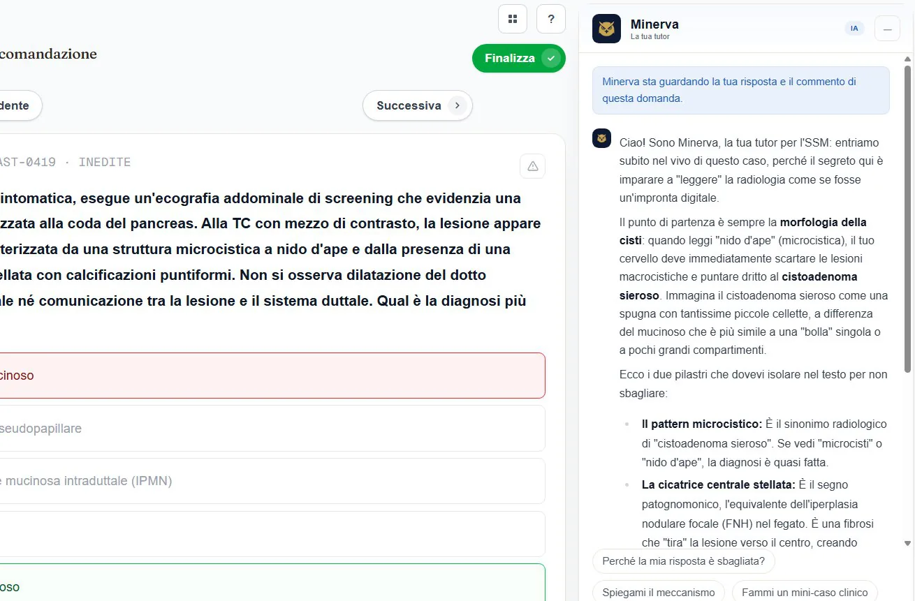 Minerva spiega una domanda sbagliata, accanto al caso clinico.